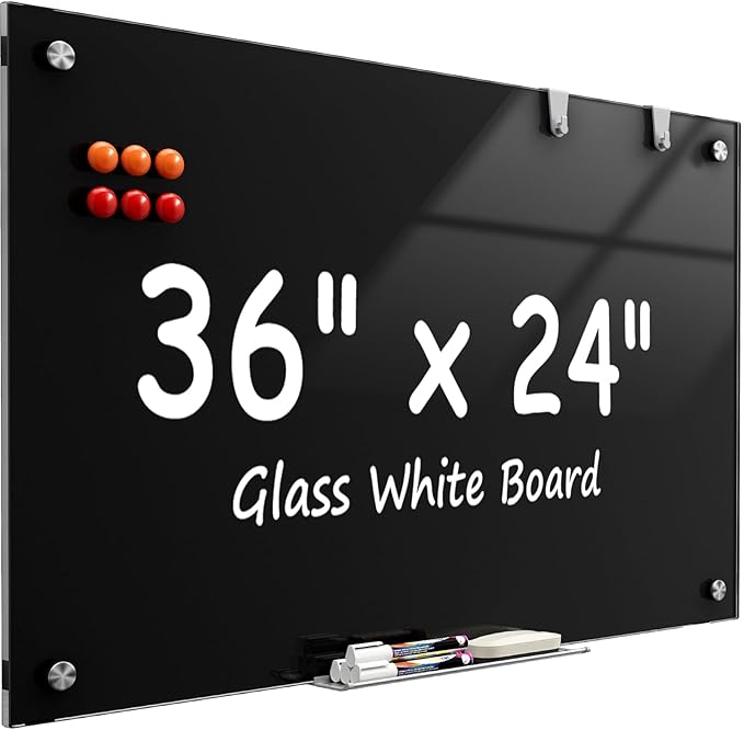 MaxGear Glass Whiteboard 36x24 Inches Wall Mounted, Magnetic Black Dry Erase by MaxGear