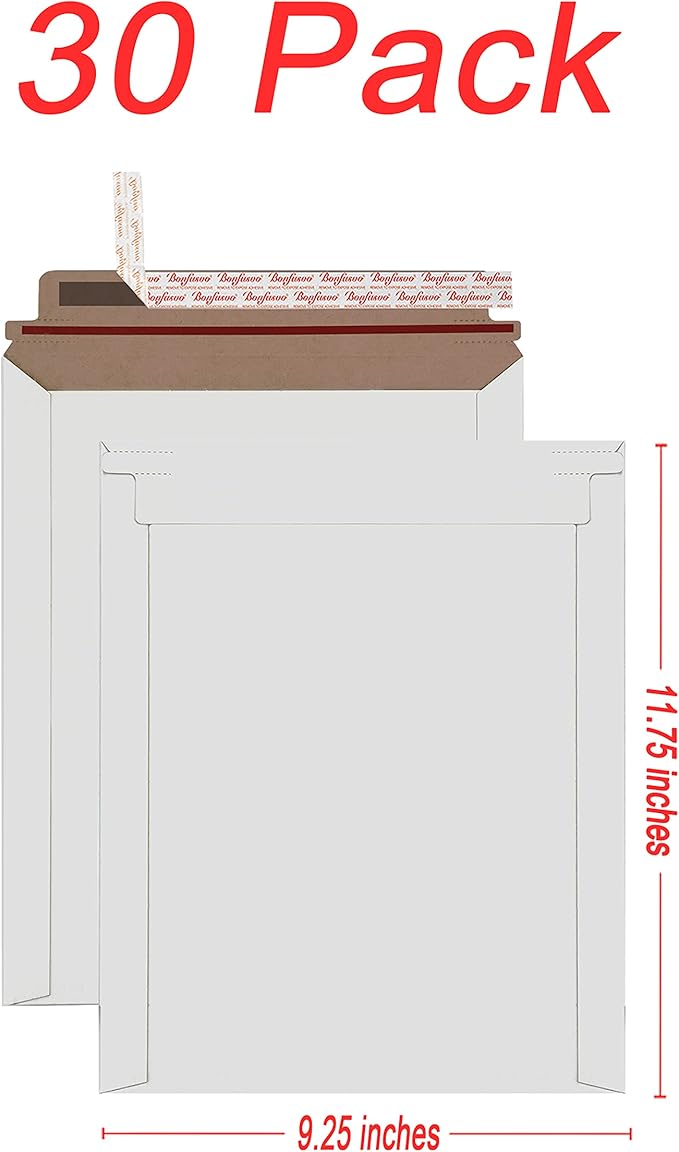 Rigid Mailers 30 Pack 9.25 x 11.75 inches White Self Seal Stay Flat Bulk - Image 2