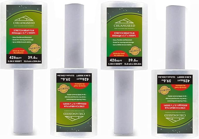 4-Pack Industrial Mini Clear Stretch Wrap Film 80 Gauge 5.1" 1000ft by CHUANGSEED