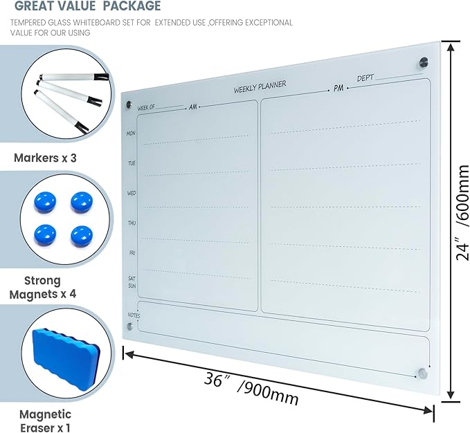 Magnetic Planner Writeboard 24"X36" Weekly Glass Calendar Ultra White - Image 2