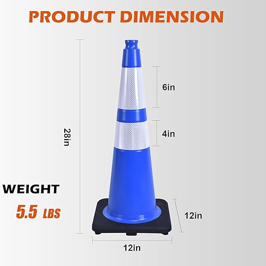 6 Pack 28 Inch Blue Reflective Traffic Cones, Durable Black Base Cones - Image 2