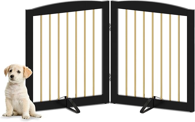 Freestanding Pet Gate for Dogs, Foldable Wooden Dog Gate for House, Step Over by PUPETPO