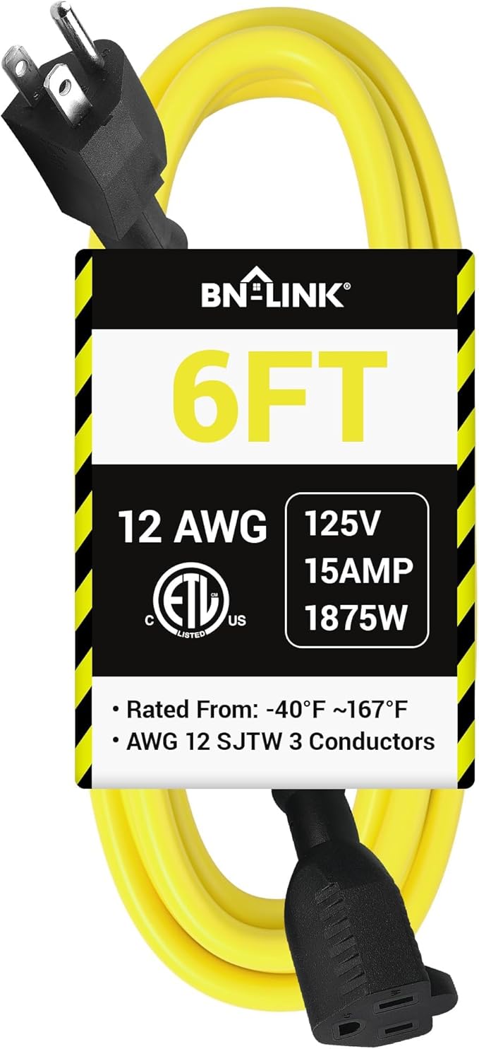 BN-LINK 6ft Outdoor Extension Cord, 12/3 SJTW Heavy Duty Power Cord, 3-Prong by BN-LINK