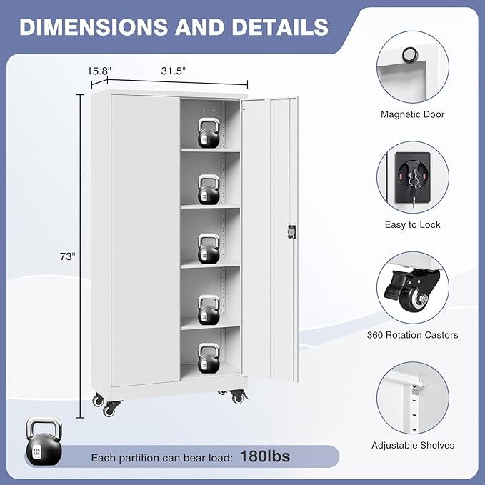 Metal Storage Cabinet with Wheels, Tall Garage Storage Cabinet with 4 - Image 2