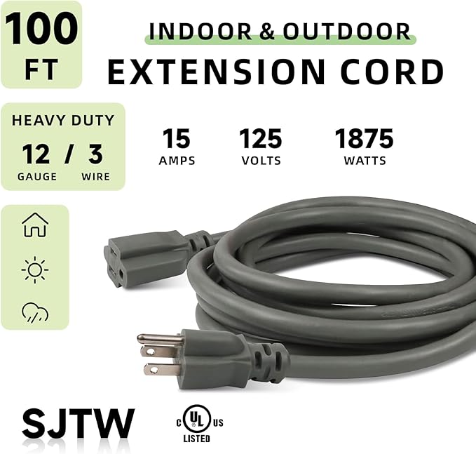 EP 100 Ft Outdoor Extension Cord, 12/3 SJTW Heavy Duty Extension Cable - Image 2