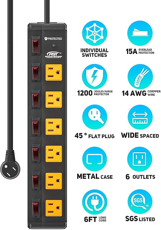 CRST 6 Outlet Metal Heavy Duty Power Strip - Image 2