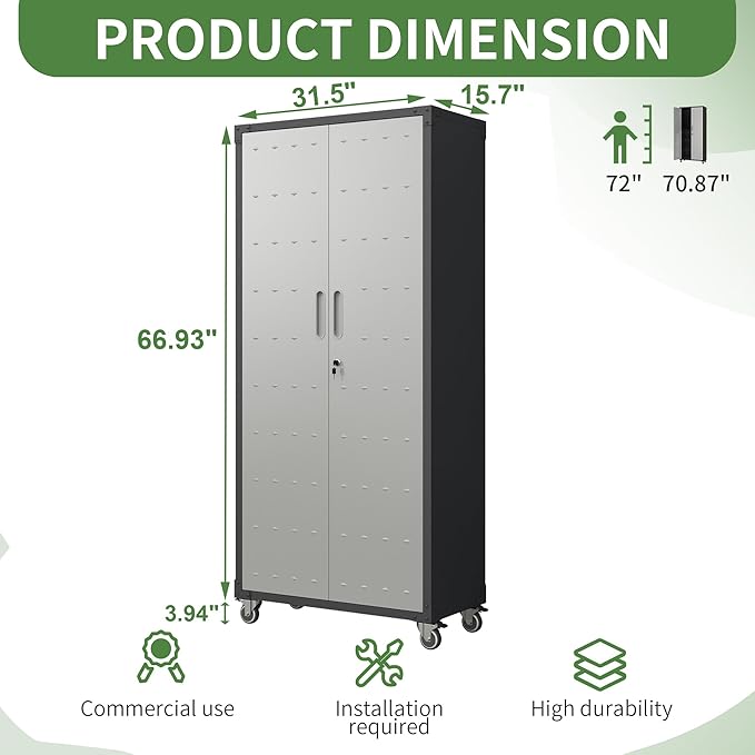71'' Garage Storage Cabinet on Wheels Metal Tool Cabinets - Image 3