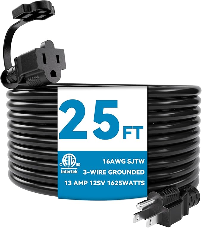 Kasonic 25 Feet Outdoor Extension Cord, ETL Listed, SJTW 16AWG/13A 3 Prong by KASONIC