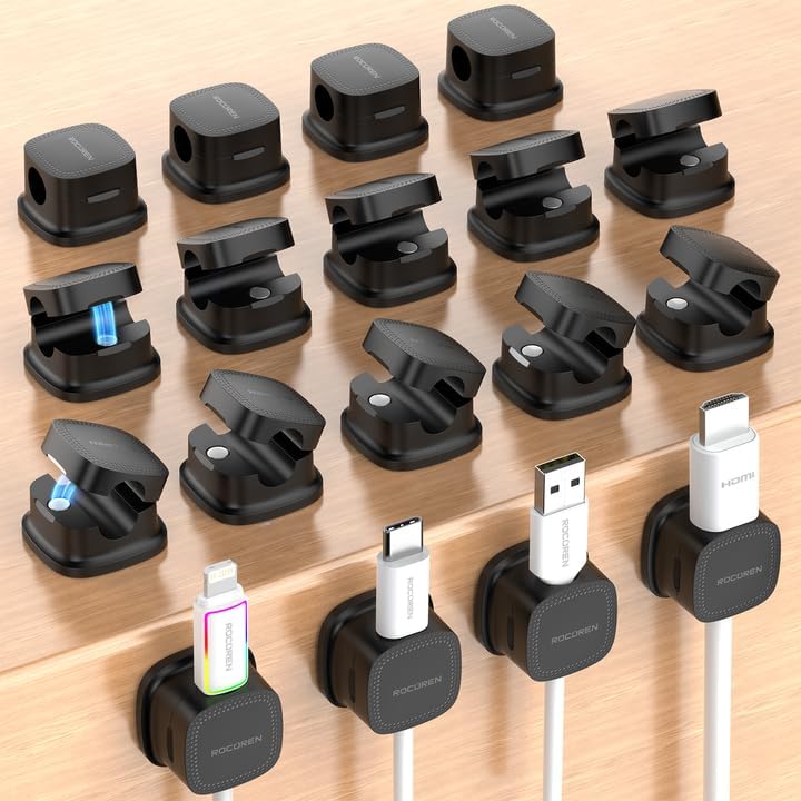 Rocoren 18‑Pack Magnetic 1s‑Lock Adhesive Cable Clips Cord Organizer by Rocoren