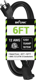BN-LINK 6ft Outdoor Extension Cord, 12/3 SJTW Heavy Duty Power Cord, 3-Prong by BN-LINK