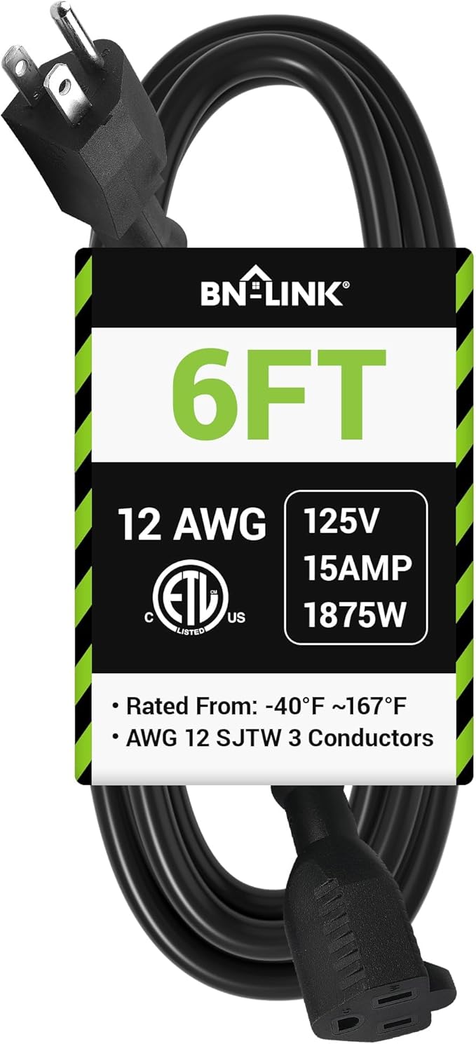 BN-LINK 6ft Outdoor Extension Cord, 12/3 SJTW Heavy Duty Power Cord, 3-Prong by BN-LINK