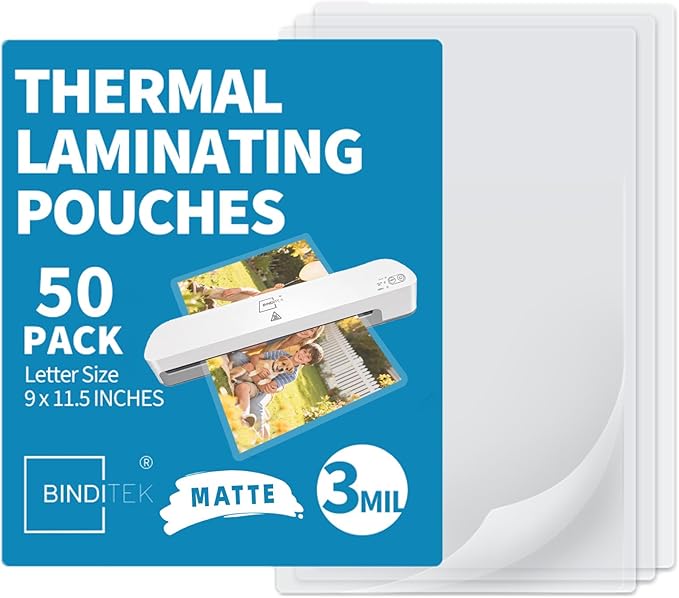 Binditek Matte Laminating Sheets, 3 Mil 50 Pack, 9 x 11.5 Inches Matte Thermal by Binditek