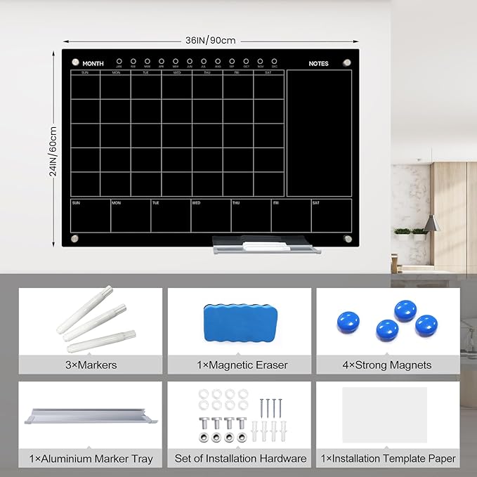 Magnetic Glass Whiteboard 36X24 Monthly Planner Calendar Dry Erase Board - Image 2
