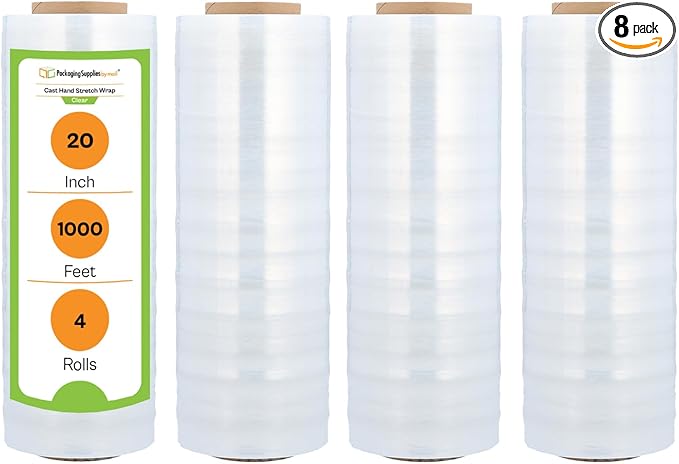 Stretch Film Wrap, 20 Inch X 1000 Feet, 8 Pack, Stretch Film Rolls by PackagingSuppliesbymail