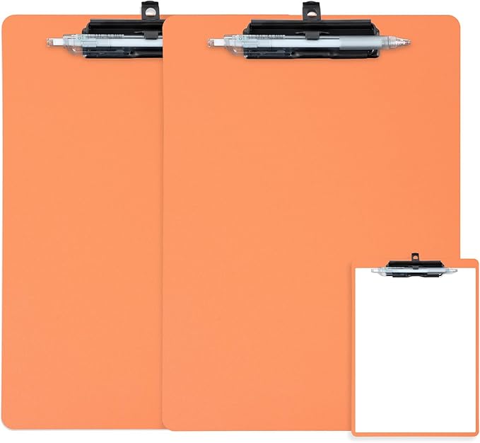 Orange Clipboard with Pen Holder, 2 Pack Plastic Clipboard with Low Profile by FRETONBA