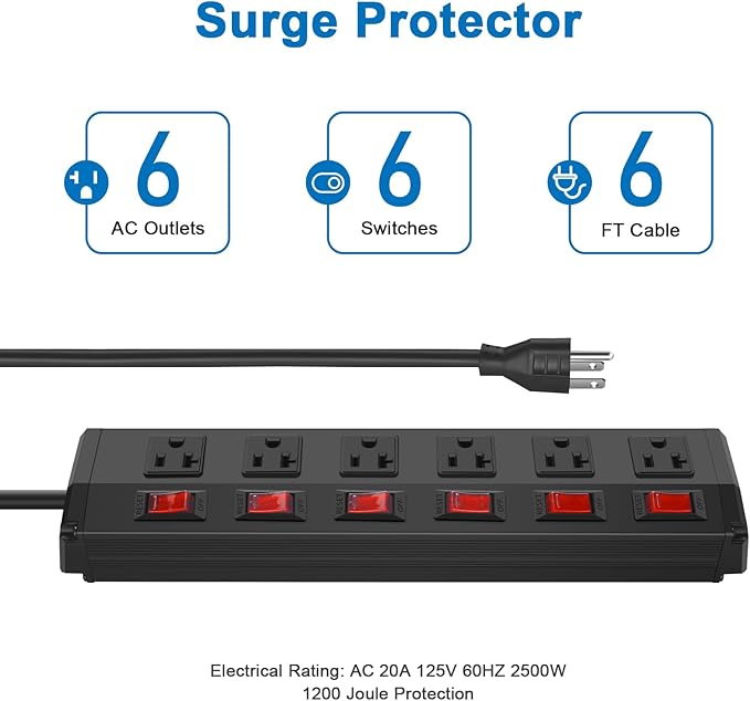 CCCEI Metal Power Strip Individual Switches 6 Outlets, Heavy Duty Power Strip - Image 2