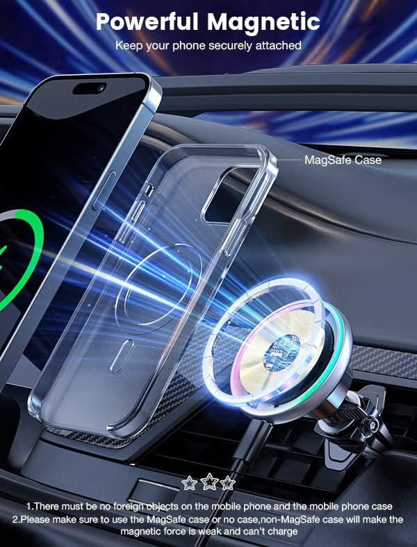 for Magsafe Car Mount Charger 15W LED RGB Car Phone Holder for Dash Vent - Image 6