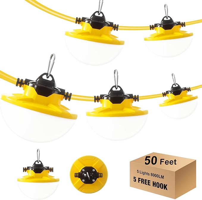 50FT Construction String Light 65W 8000Lm, 5000K Industrial Grade LED String by JC-LGL