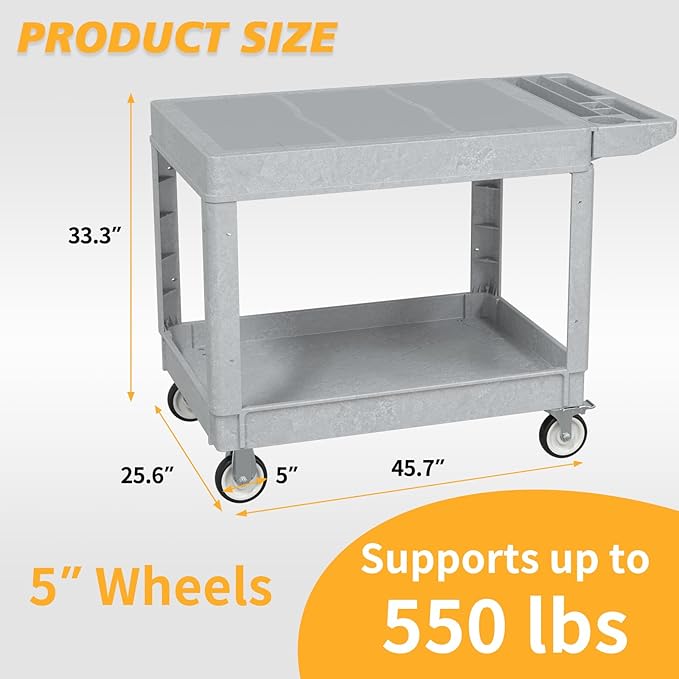 Utility Cart on Wheels, 2 Shelf Heavy Duty Large Flat Top Rolling Cart - Image 2