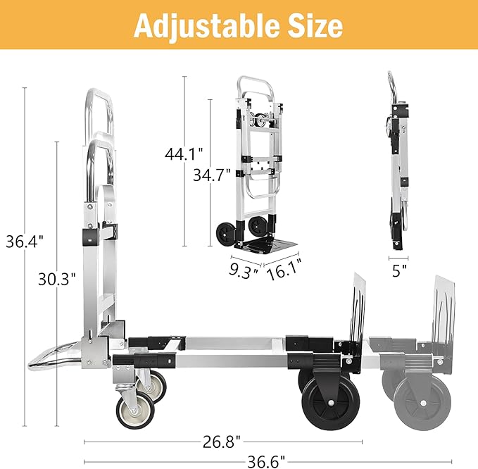 600 LBS Dolly Cart with Wheels, 3 in 1 Folding Hand Truck with Retractable - Image 6