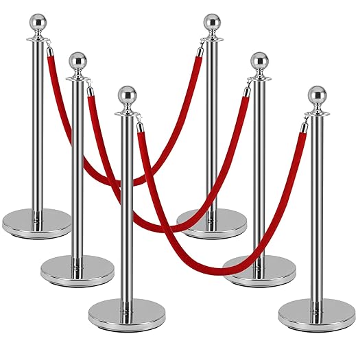 6 PCS Stainless Steel Stanchion Post, 5Ft Red Velvet Rope, Hollow Base and by Yeatruojeet