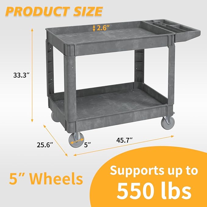 Utility Cart on Wheels, 2 Shelf Heavy Duty Plastic Rolling Cart, 550LBS - Image 2