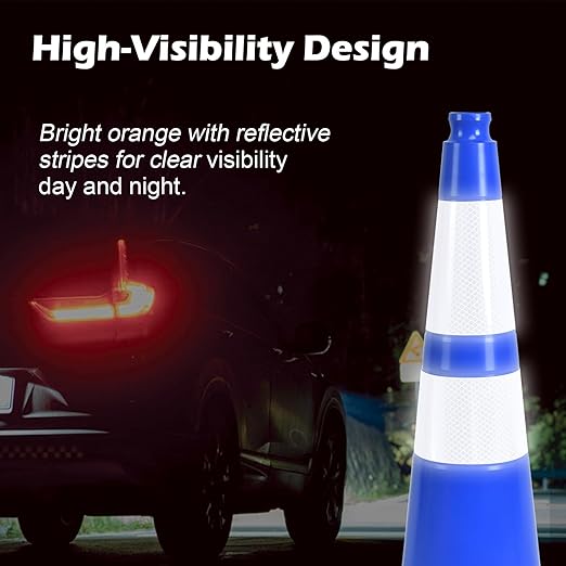 6 Pack 28 Inch Blue Reflective Traffic Cones, Durable Black Base Cones - Image 4