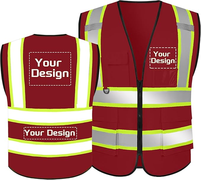 Custom Safety Vest with Logo Pockets High Visibility Reflective Vests by CustomTok