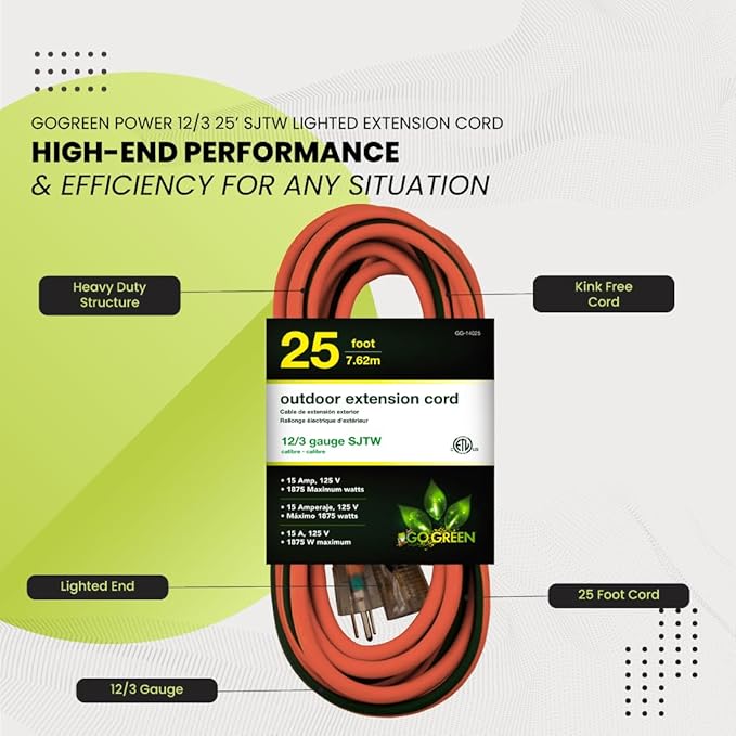 Go Green Power Inc. 12/3 SJTW Outdoor Extension Cord, Lighted End, 25 ft - Image 5