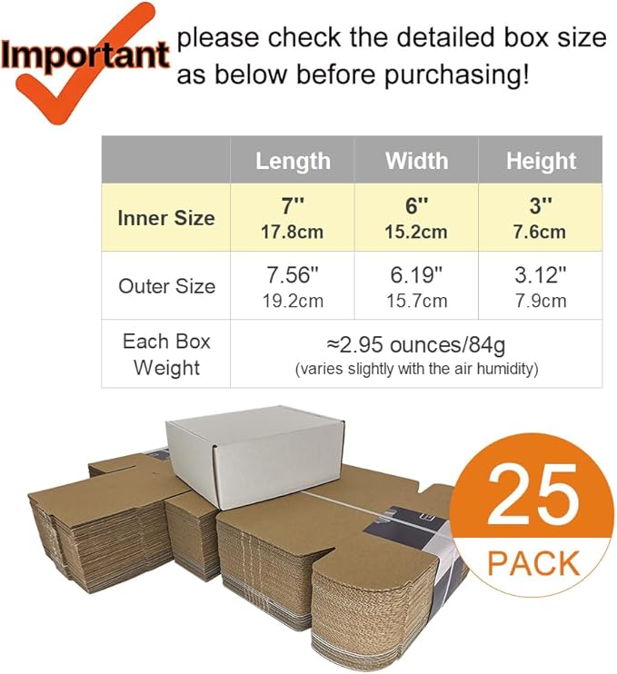 7x6x3'' Corrugated Mailers, 25 Pack, Cardboard Shipping Boxes - Image 2