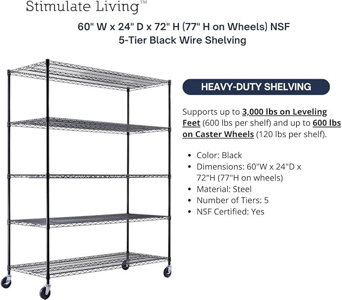 60"x24"x72" PRIME HEAVY DUTY Black 5-Tier Wire Shelving NSF 3000 LBS MAX - Image 4