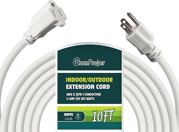 12 Gauge Indoor Outdoor White Extension Cord Heavy Duty 10 FT, 12 AWG SJTW by GreenProsper