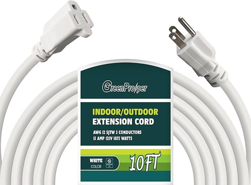 12 Gauge Indoor Outdoor White Extension Cord Heavy Duty 10 FT, 12 AWG SJTW by GreenProsper