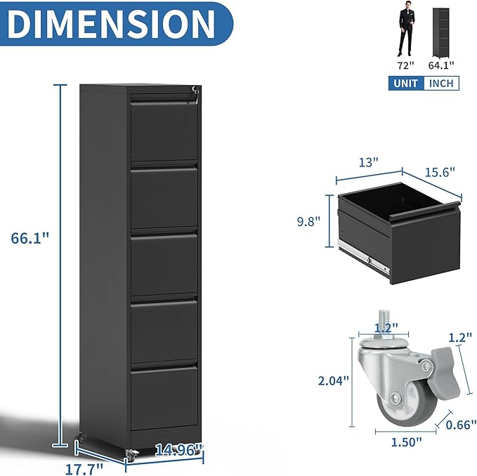 5 Drawer Mobile File Cabinet, Metal Filing Cabinet - Image 3