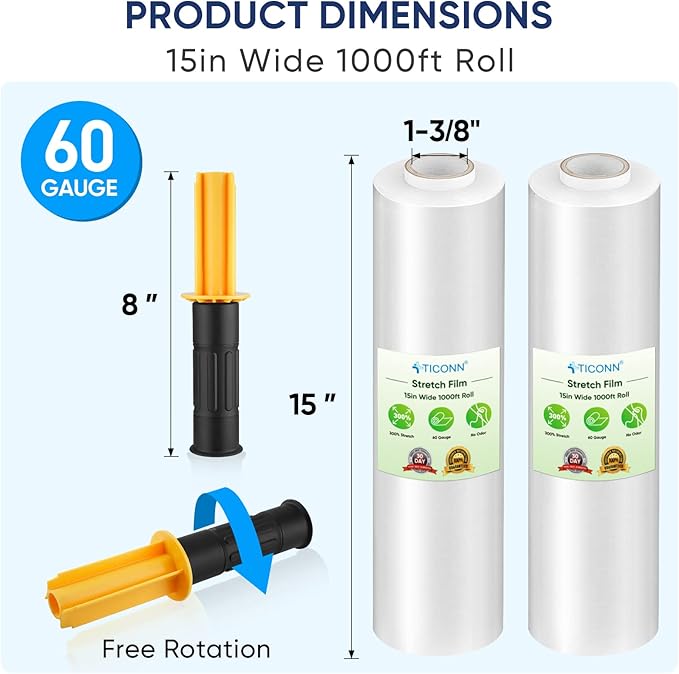 TICONN 4Pk Stretch Wrap Stretch Film Roll, 1000ft Industrial Strength 15 inch - Image 2