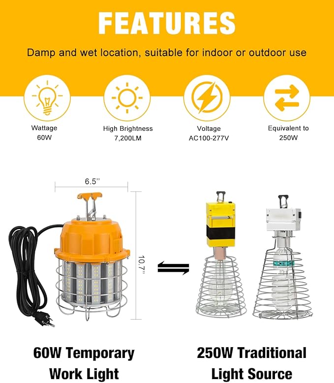 LED Temporary Work Light 60W, LED Construction Lights 7, 200lm 5000K Daylight - Image 2