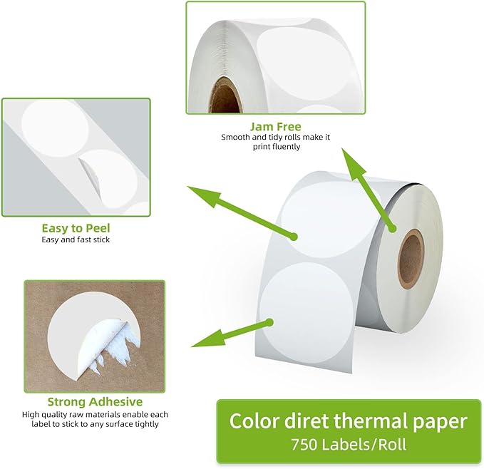 2" White Circle Direct Thermal Labels, Self-Adhesive Round Direct Thermal - Image 3