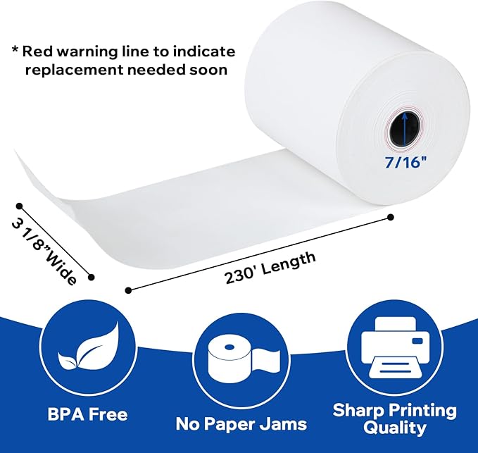 3 1/8 x 230 Thermal Paper Receipt Rolls Fits All POS Cash Registers BPA Free - Image 2