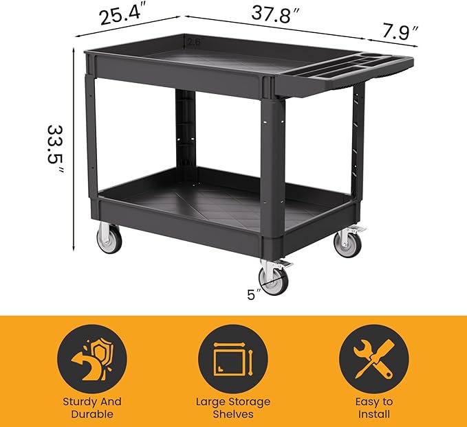 2-Tier Rolling Tool Cart, Heavy-Duty Plastic Service Cart - Image 5