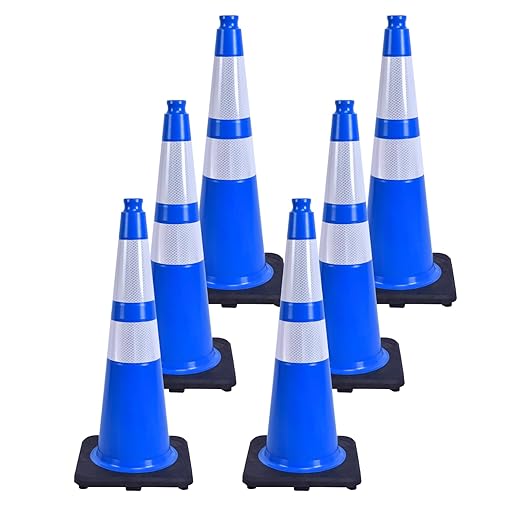 6 Pack 28 Inch Blue Reflective Traffic Cones, Durable Black Base Cones by OranclUS