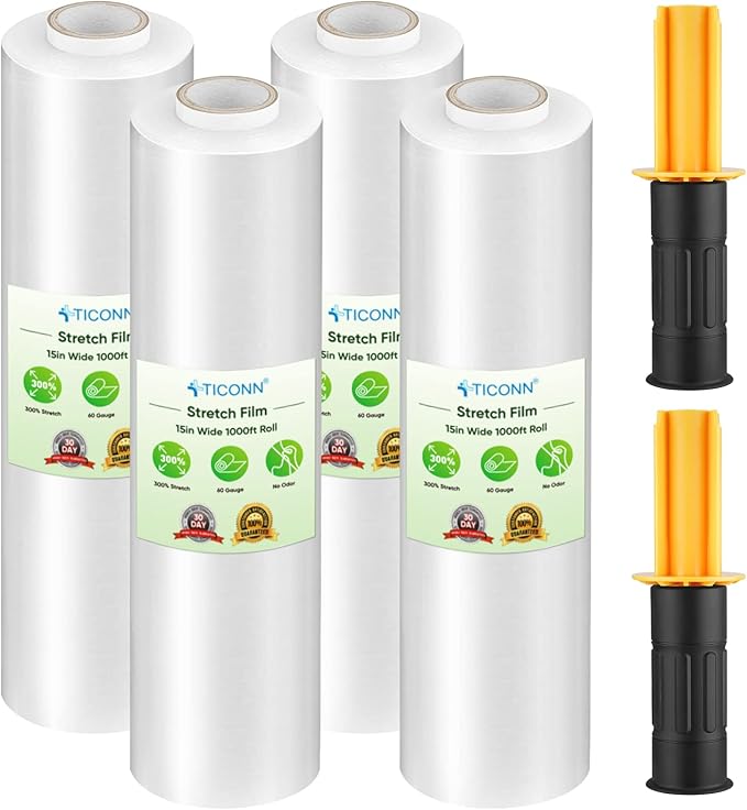 TICONN 4Pk Stretch Wrap Stretch Film Roll, 1000ft Industrial Strength 15 inch by TICONN