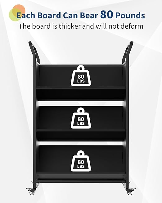 3-Tier Metal Rolling Book Cart, 4 Lockable Wheels & Side Hooks, V-Shaped Heavy - Image 6
