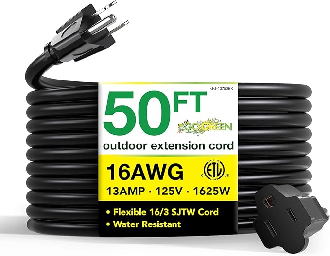 Go Green Power Inc. 16/3 50ft Black Outdoor Extension Cord by PowerByGoGreen