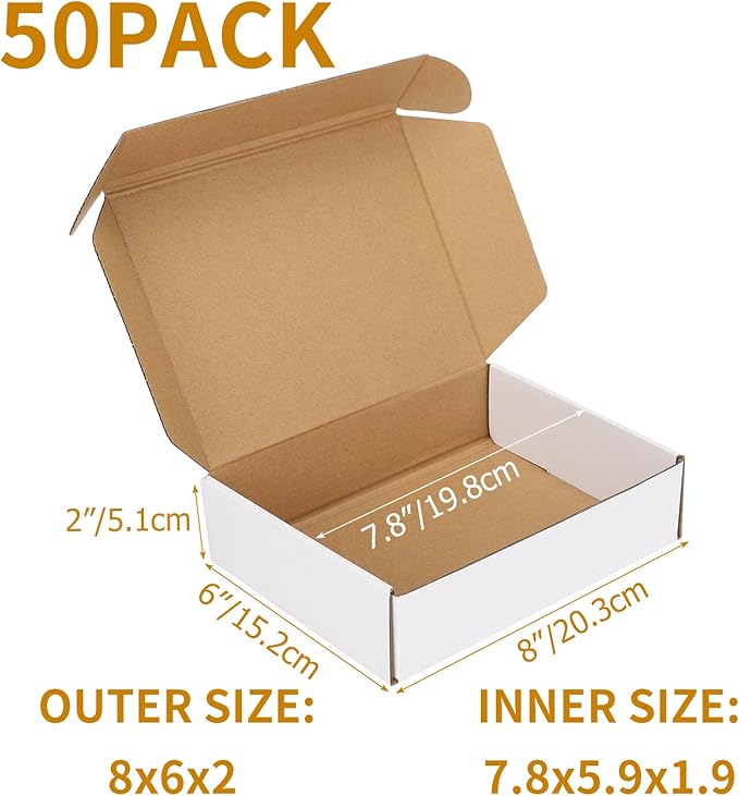 PHAREGE 8x6x2 Inch Shipping Boxes 50 Pack White, Tab Lock Tuck Top Mailer Boxes - Image 2
