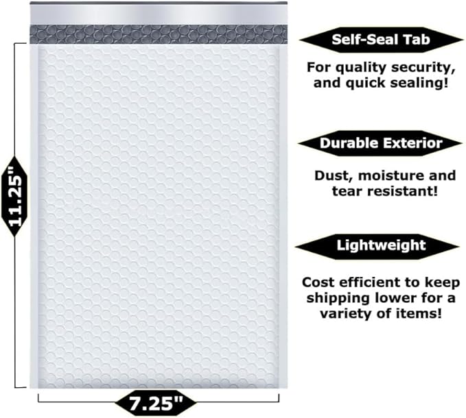 100-Pack 7.25x11.25" White Poly Bubble Mailers, Padded Shipping #1 Envelopes - Image 2