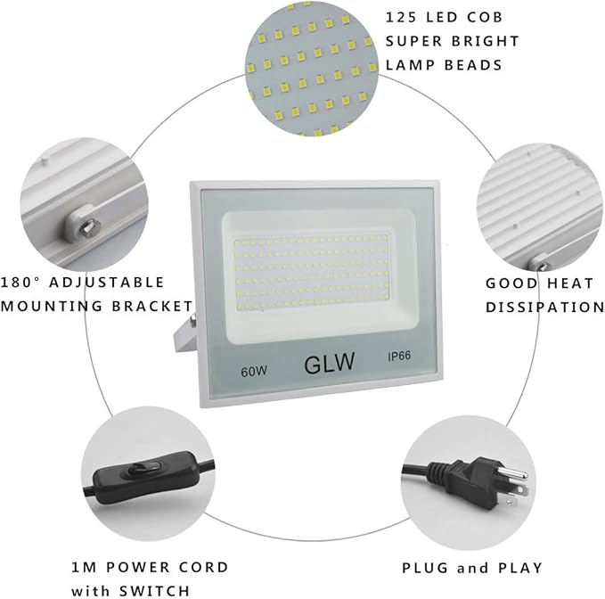 LED Flood Lights 60W 3 Pack, 6000lm Super Bright Floodlight IP66 Waterproof - Image 2