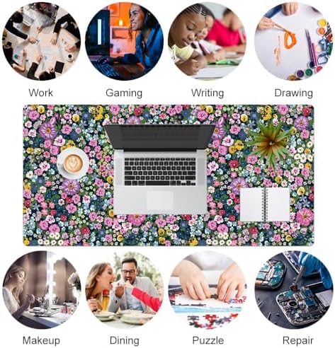 Faux Leather Large Mouse Pad, Office Desk Mat, 31.5"x15.7", Blooming Flower - Image 6