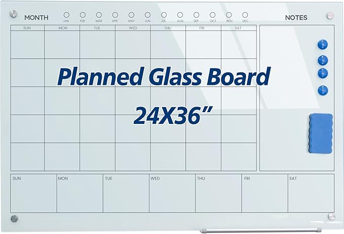 Magnetic Glass Whiteboard 36X24 Monthly Planner Calendar Dry Erase Board by JYYPWB