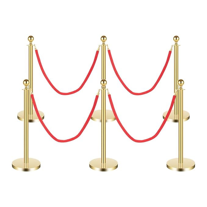 6 PCS Gold Stanchion Posts, Crowd Control Barriers, 5 ft Red Velvet Rope Carpet by Unknown