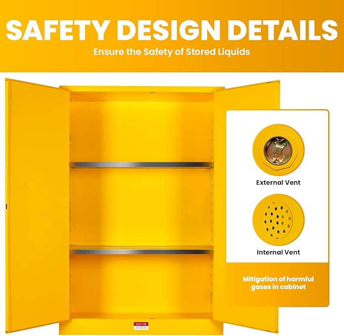 72 Gallon Yellow Flammable Storage Cabinet, Fireproof Steel Chemical Storage - Image 3